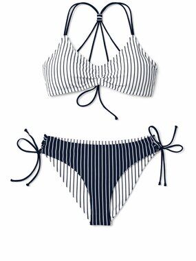 Cupshe Navy Stripe Reversible Bikini Set Medium Tie Side Lace Up Swim Coastal